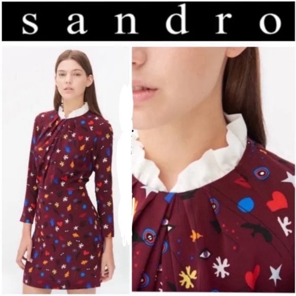 Sandro Longsleeve Printed Mini Dress with Ruffle Collar